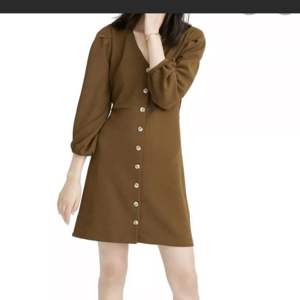 Madewell Made Well Texture & Thread Balloon Sleeve Skater Crepe Olive Dress XS